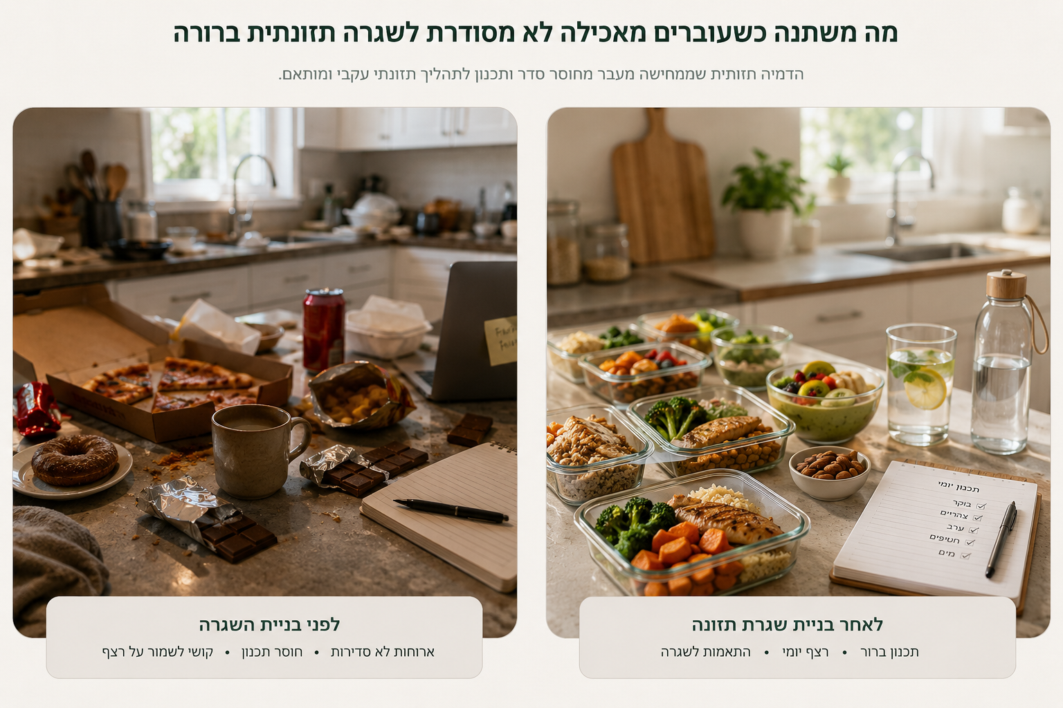 המחשה: מטבח עם אכילה לא מסודרת לפני בניית שגרה, לעומת ארוחות מתוכננות ותכנון יומי לאחר בניית שגרת תזונה
